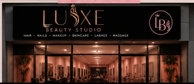 Luxe Beauty Studio roll-up banner and storefront signage mockup