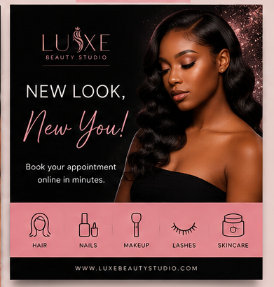 Luxe Beauty Studio square social media advertisement encouraging bookings