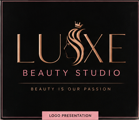 Luxe Beauty Studio logo presentation on a dark background with rose gold lettering and colour palette