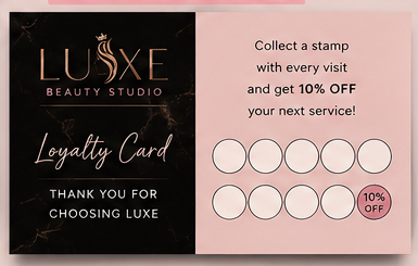 Luxe Beauty Studio appointment and loyalty pocket card with visit stamp grid
