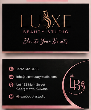Luxe Beauty Studio double sided business card in black and rose gold