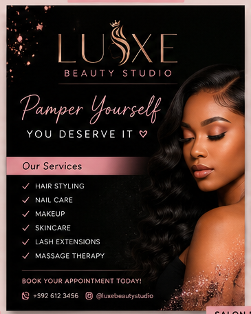 Luxe Beauty Studio A5 promotional flyer listing salon services
