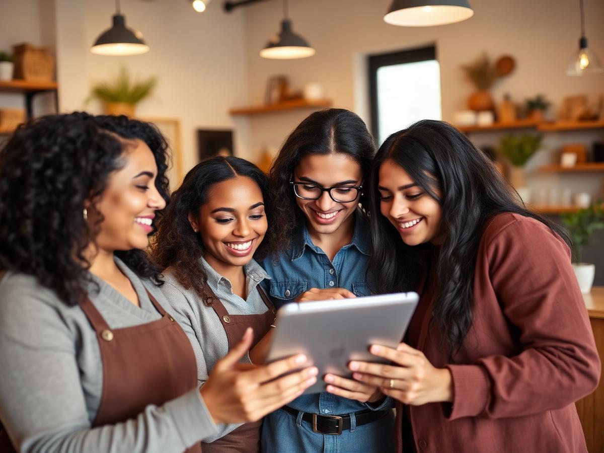 Small business owners reviewing their digital tools together on a tablet