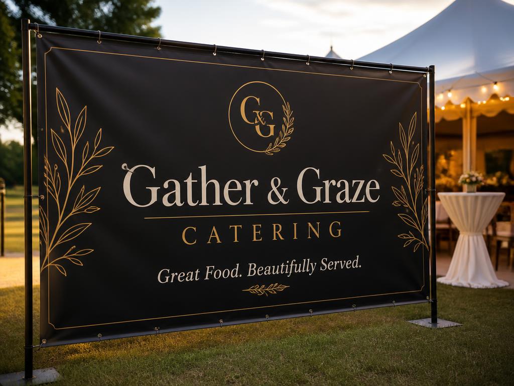 Gather & Graze branded banner artwork in black, gold and cream