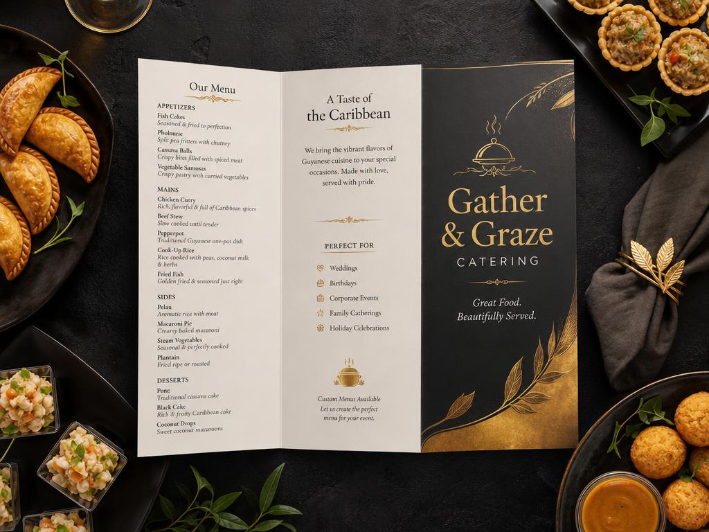 Tri-Fold Menu / Brochure design sample for Gather & Graze Catering