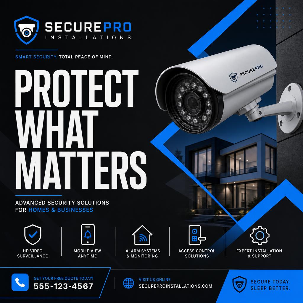 SecurePro Installations branded promotional graphic in charcoal and electric blue