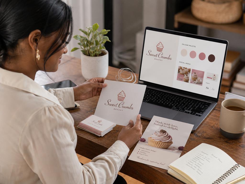 Small business owner reviewing a logo, business card, flyer and brand colour palette on a desk with a laptop