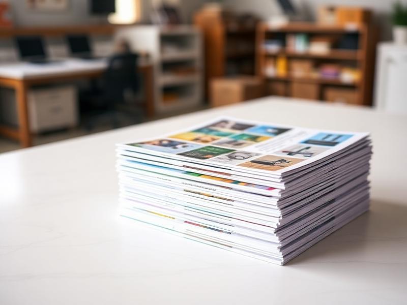 Stack of freshly printed brochures and flyers on a studio table