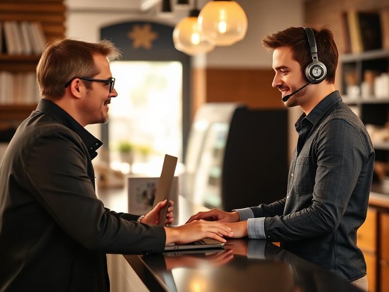 Support specialist helping a small business owner with a laptop